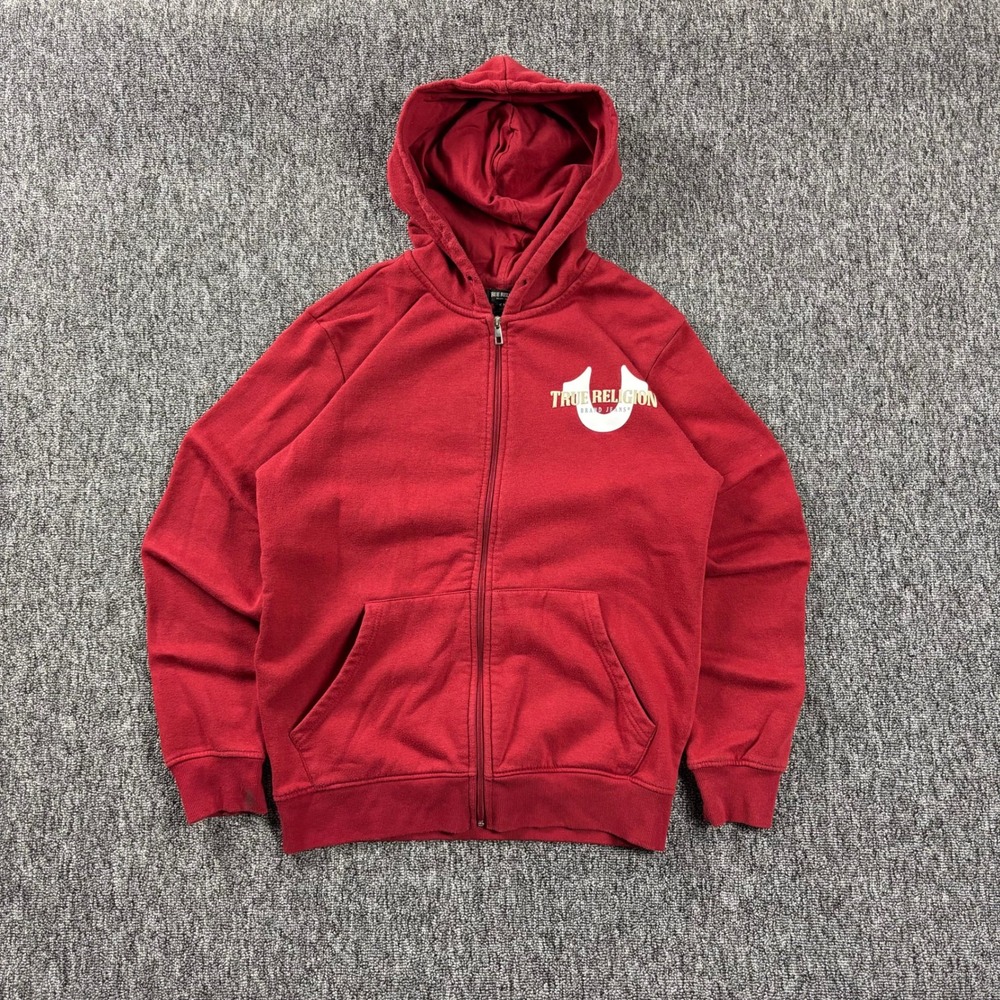 Y2K True Religion Heavyweight Horseshoe Logo Designer Zip Up Hoodie Red Medium